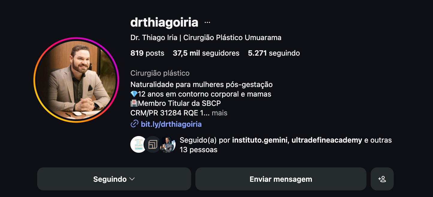 Perfil Dr. Thiago Iria — Cirurgião Plástico, Umuarama